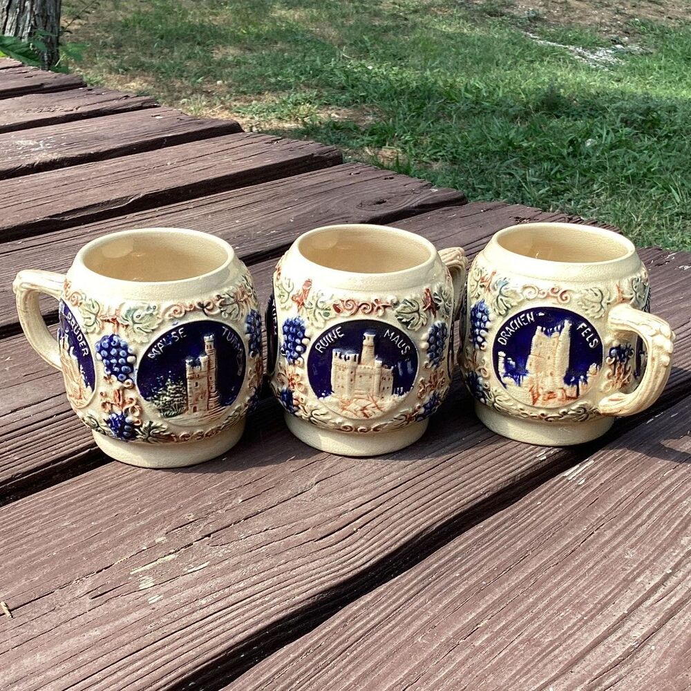 Vintage German Castle Beer Stein Mugs Set of 3 Blue Cream Collectibles